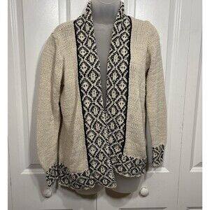 Lucky Brand Cardigan Womens M Cream Black Fair Isle Knit Boho Open Sweater